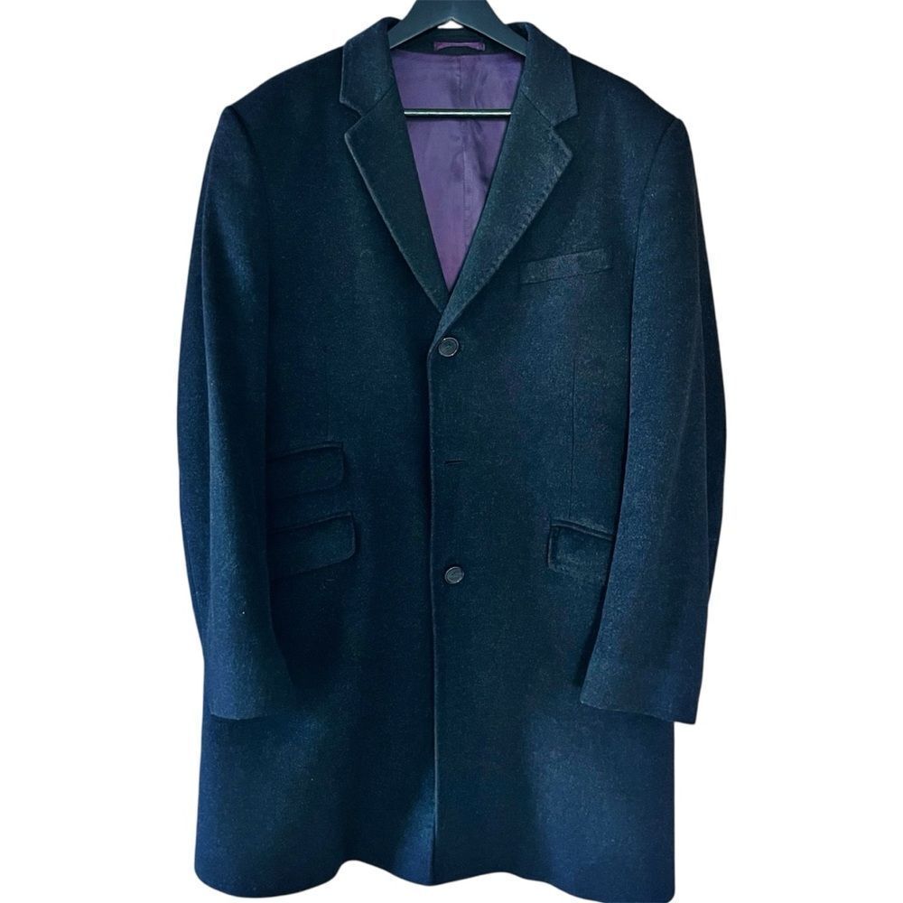 Savoy Taylors Guild Elegant Black Overcoat with Purple Lining Pockets Size 44R